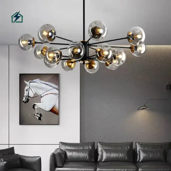Modern Black Glass Globe Sputnik LED Chandelier Pendant Light for Living Room, Dining Room & Hotel