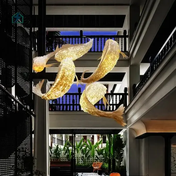 Traditional Wooden Hanging Fish Chandelier – Japanese Style LED Pendant Light for Restaurants & Homes in Ghana
