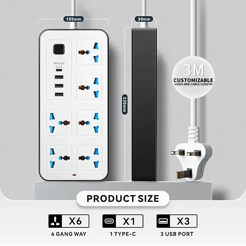 6-Outlet Electrical Extension Socket with USB Ports – Heavy Duty Power Strip for Homes & Offices Ghana (3)