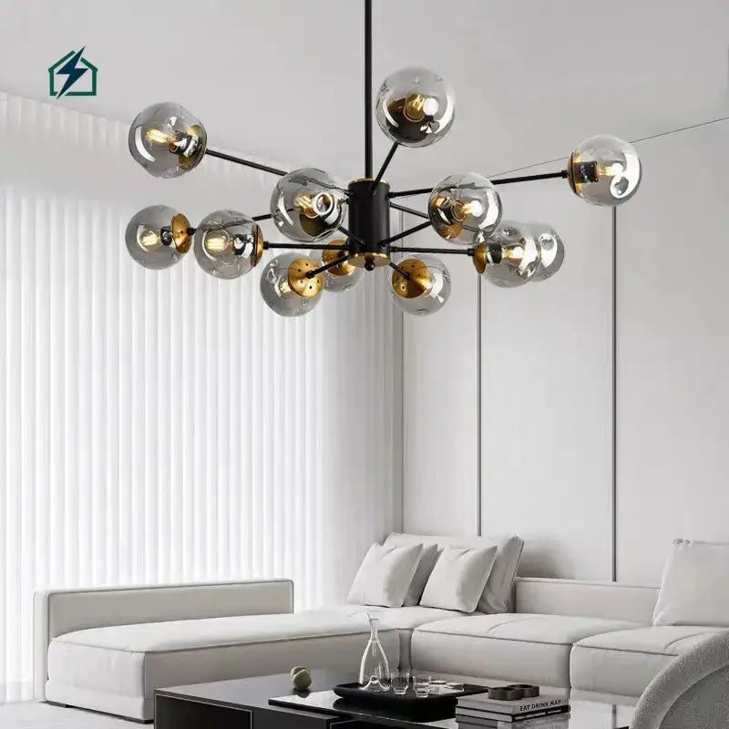 Modern Black Glass Globe Sputnik LED Chandelier Pendant Light for Living Room, Dining Room & Hotel 360° Light Distribution