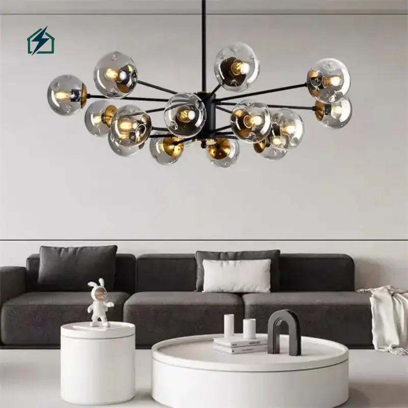 Modern Black Glass Globe Sputnik LED Chandelier Pendant Light for Living Room, Dining Room & Hotel Dimmable Support