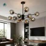 Modern Black Glass Globe Sputnik LED Chandelier Pendant Light for Living Room, Dining Room & Hotel