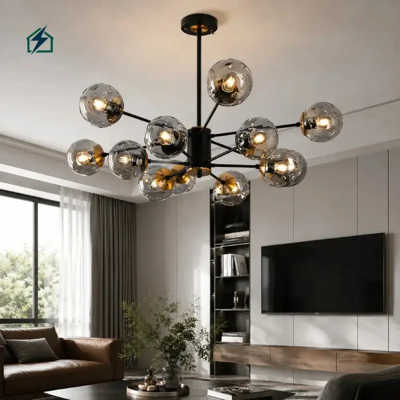 Modern Black Glass Globe Sputnik LED Chandelier Pendant Light for Living Room, Dining Room & Hotel Durable Black Metal Frame