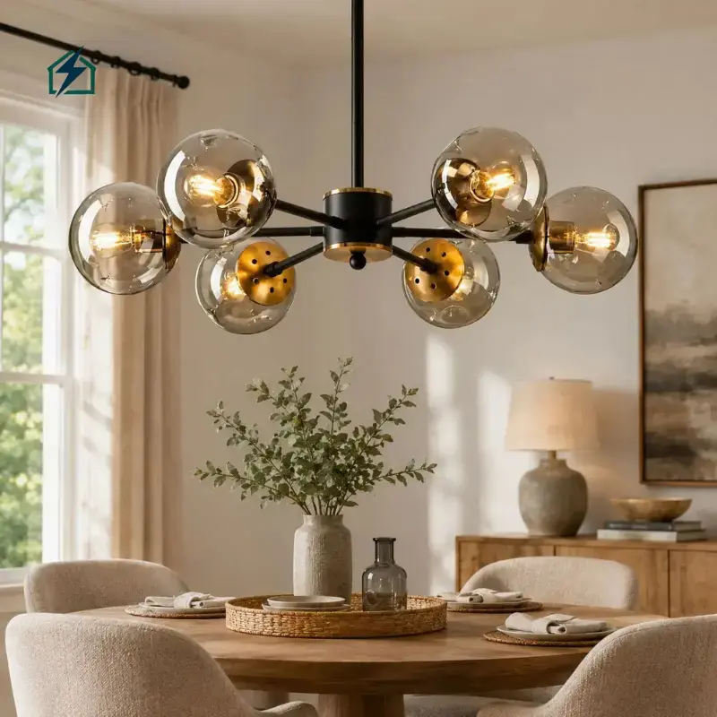 Modern Black Glass Globe Sputnik LED Chandelier Pendant Light for Living Room, Dining Room & Hotel Elegant Sputnik Design