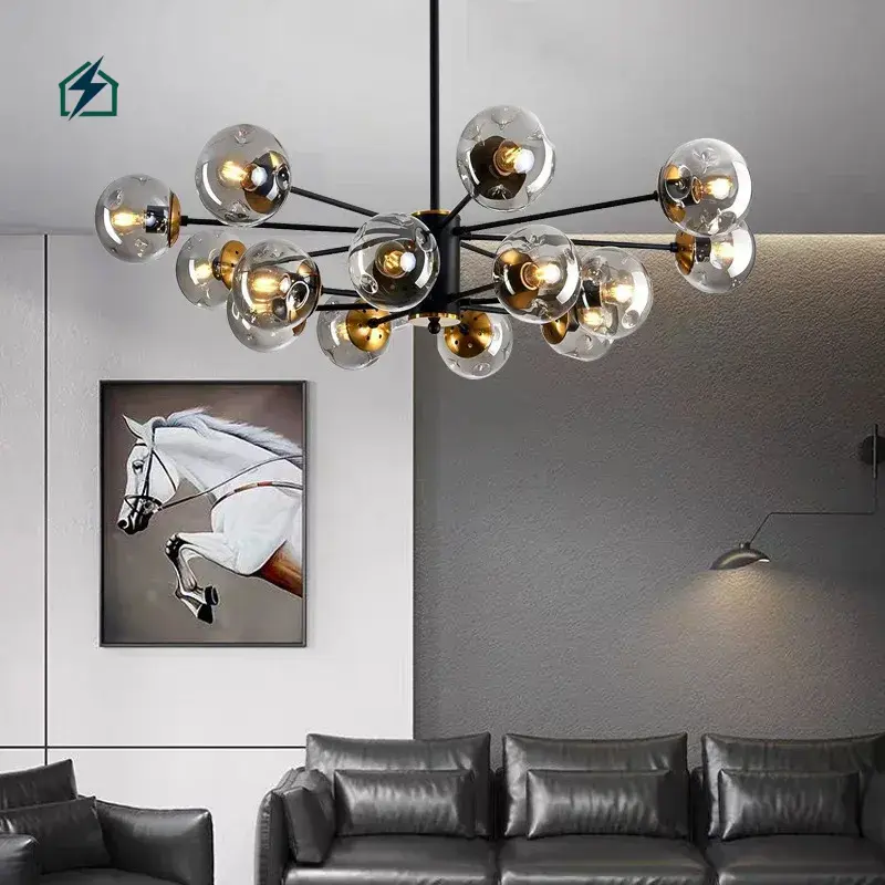 Modern Black Glass Globe Sputnik LED Chandelier Pendant Light for Living Room, Dining Room & Hotel LED Compatible