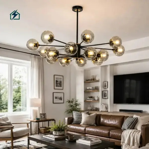 Modern Black Glass Globe Sputnik LED Chandelier Pendant Light for Living Room, Dining Room & Hotel