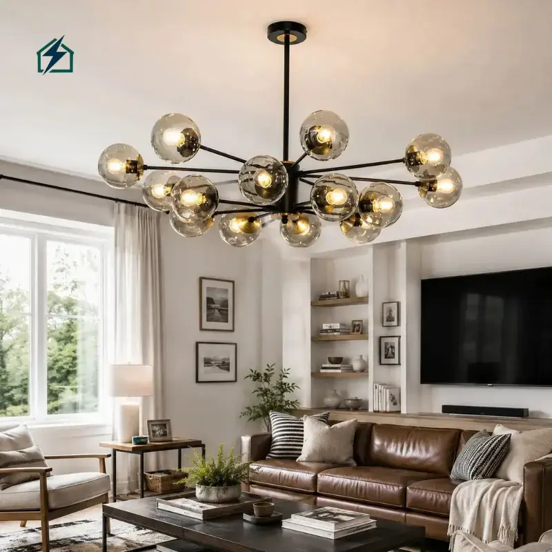 Modern Black Glass Globe Sputnik LED Chandelier Pendant Light for Living Room, Dining Room & Hotel Premium Glass Globe Shades